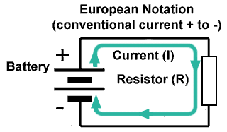 European labeling of current flow in simple DC Circuits